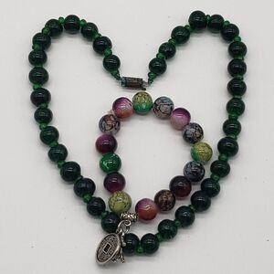 Vintage Glass Beaded Dark Green Choker Necklace and Multicoloured Charm Bracelet